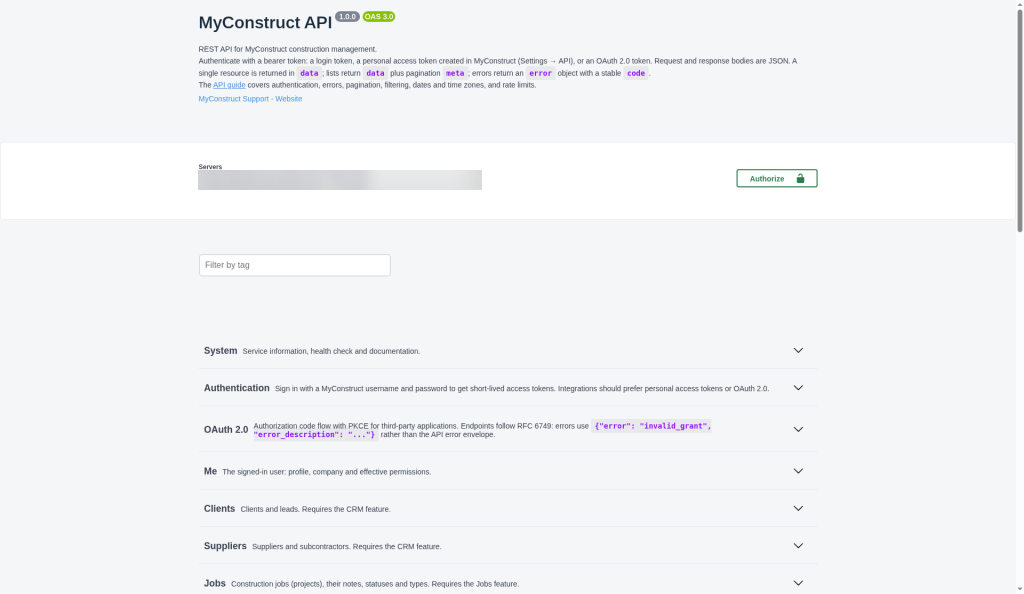 The MyConstruct API reference