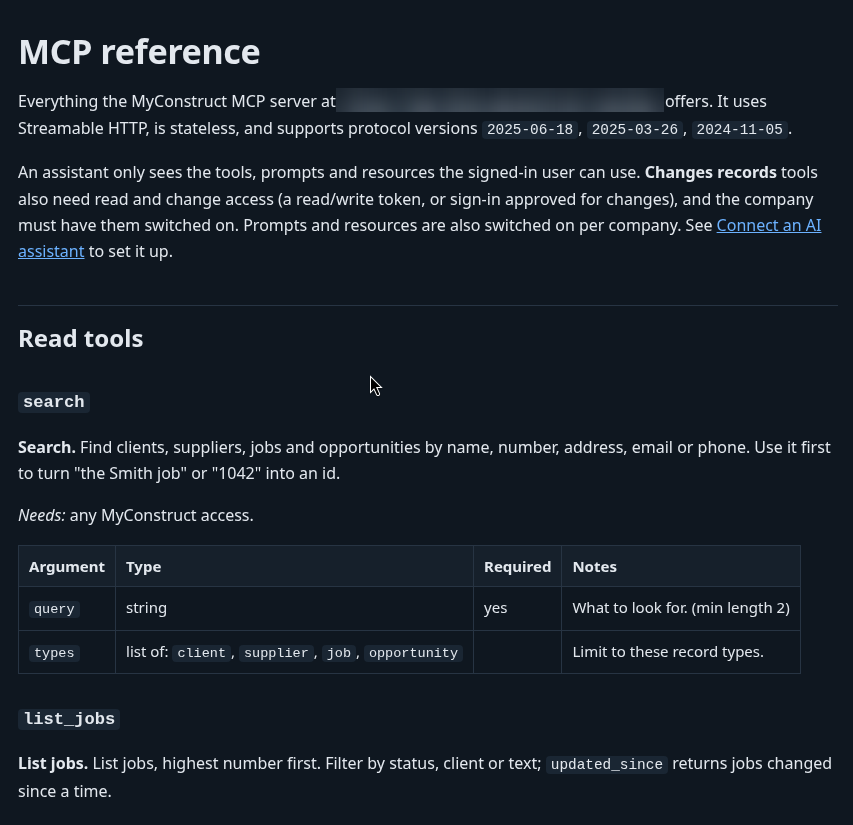 The MCP reference in the developer docs (server address blurred).