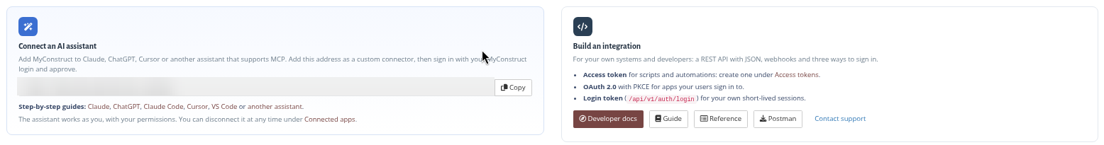 The Connect sub-tab: "Connect an AI assistant" (MCP address blurred) and "Build an integration".