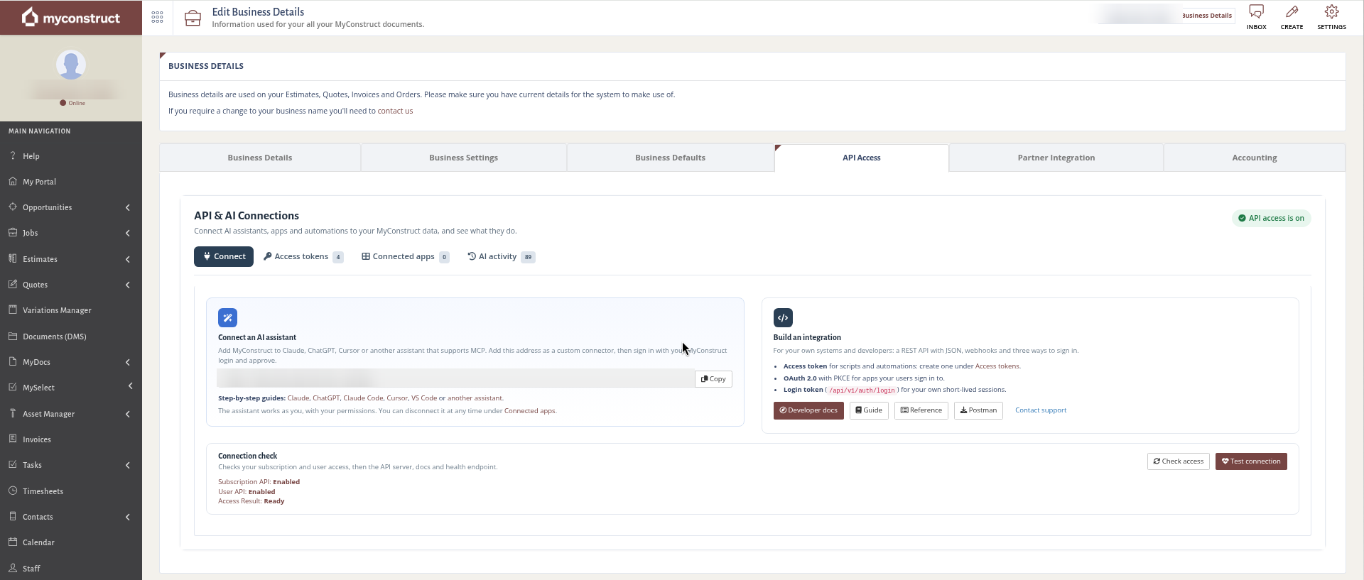 The API Access tab (API & AI Connections), on the Connect sub-tab.