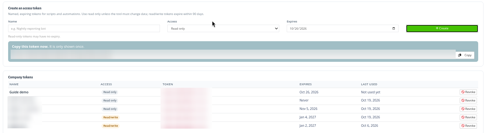 The new token is shown once with a Copy button. The token value and other token names are blurred here.