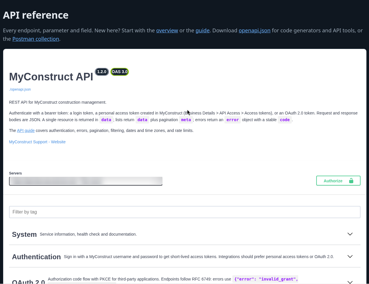 The API reference (Swagger). The server address is blurred.