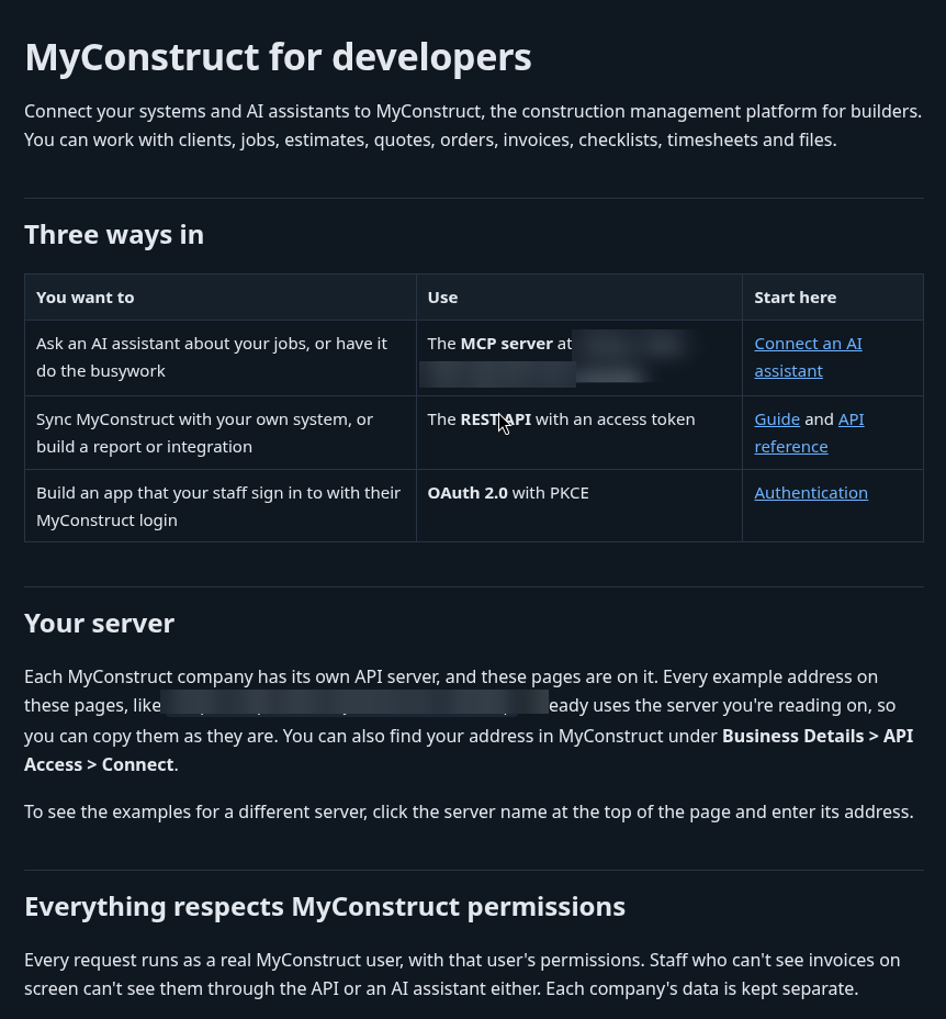The developer docs overview (server address blurred).