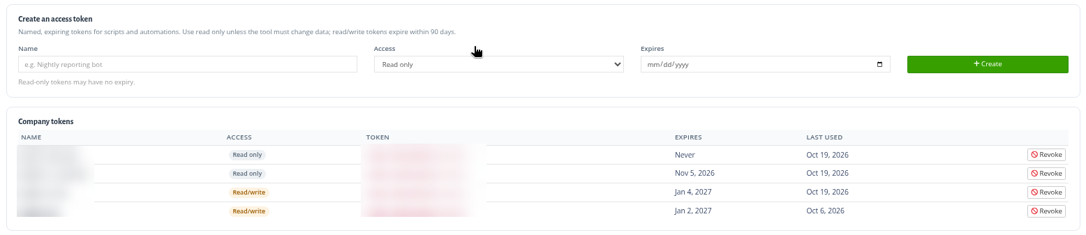 The Access tokens sub-tab with the token list (token names and previews blurred).