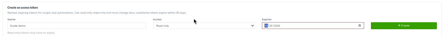 Creating a token: Name, Access and Expires filled in.