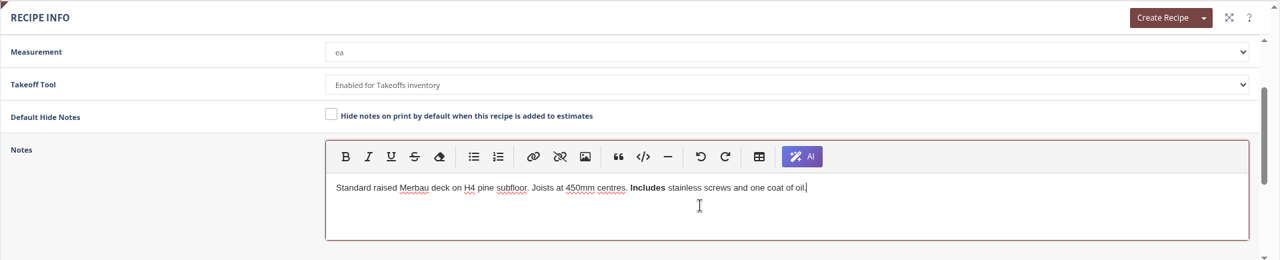 Formatting recipe notes in the Recipe Info panel.