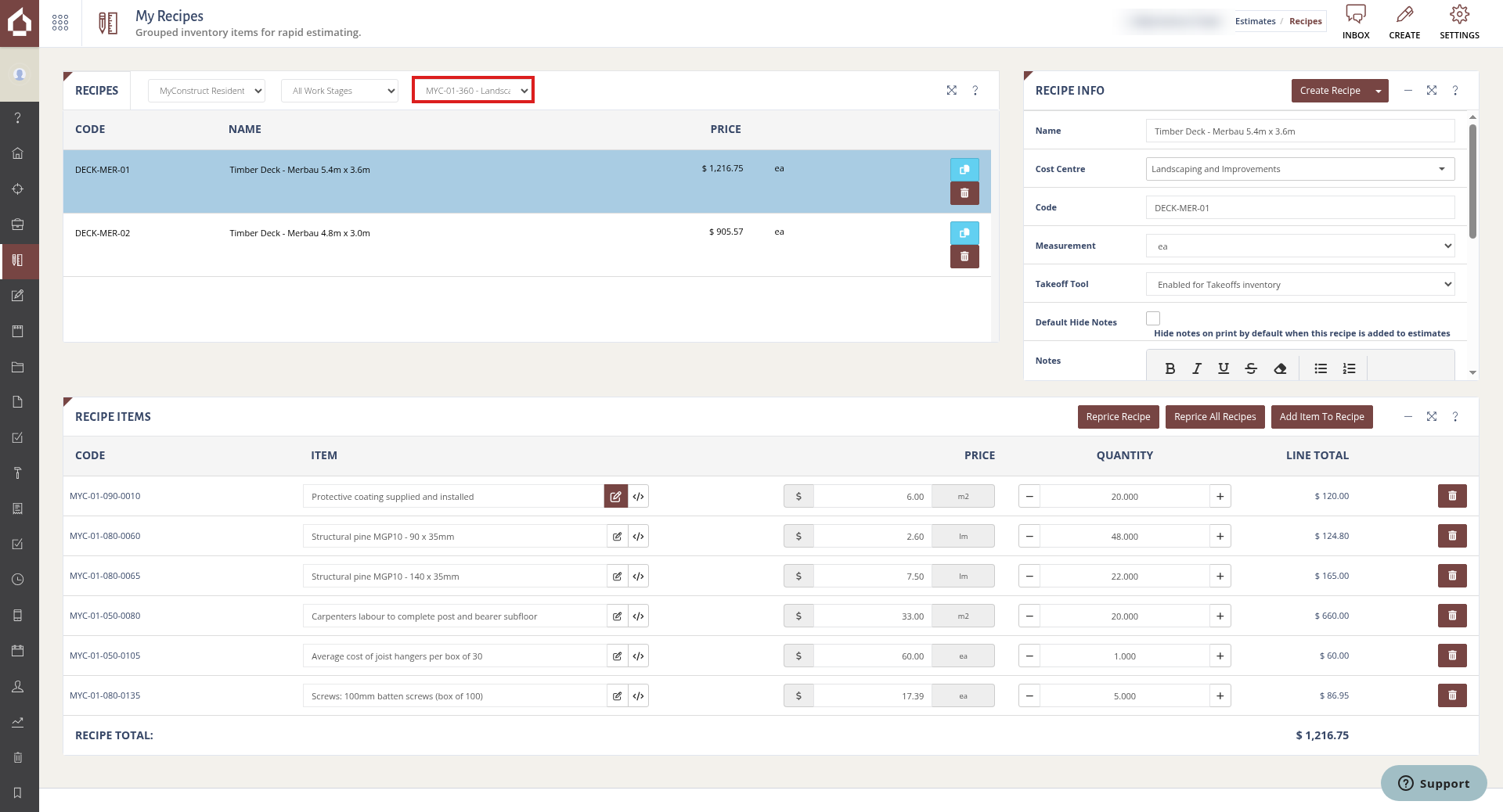 The My Recipes page. The list is filtered by Type of Work, Work Stage and Cost Centre.