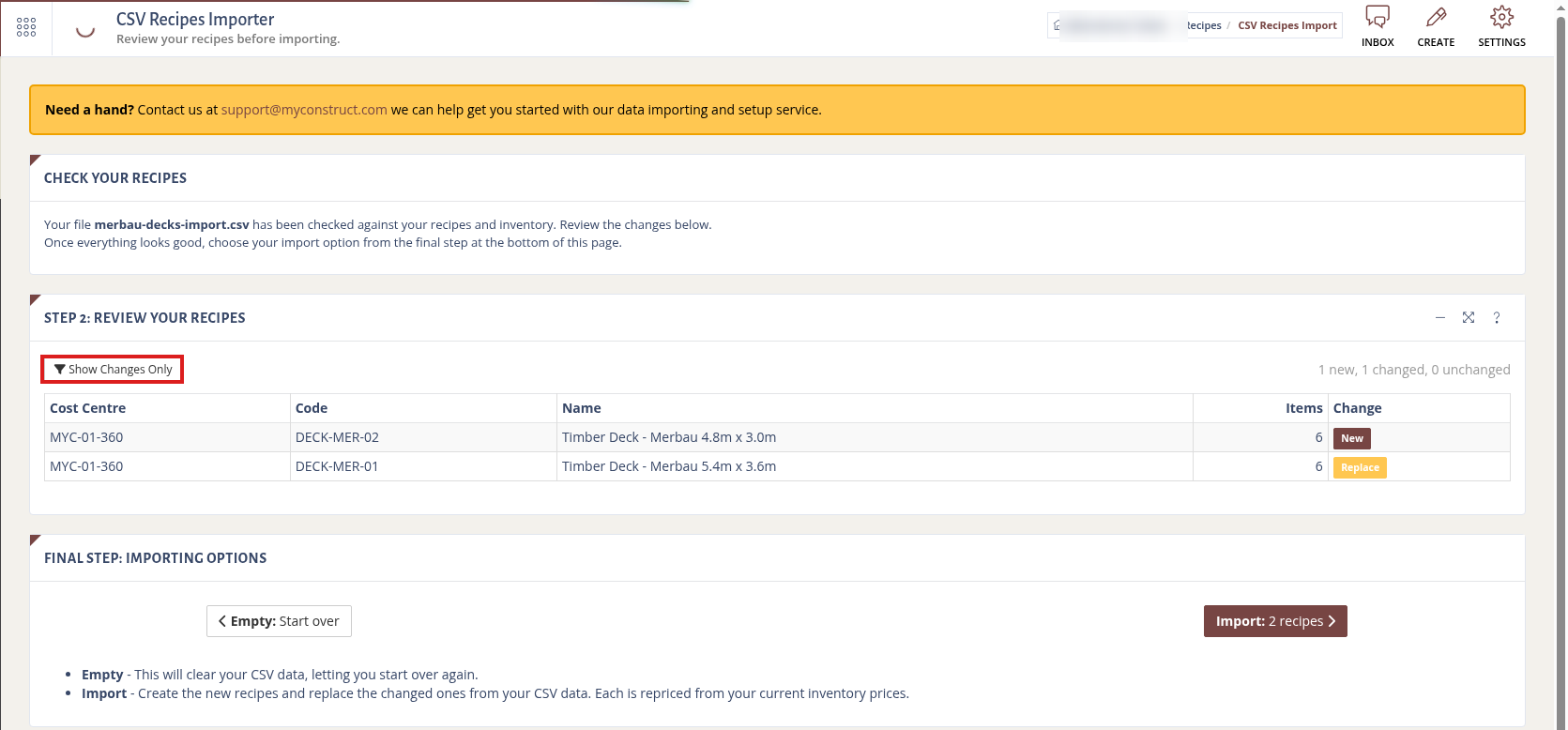 Step 2: Review Your Recipes, with New and Replace badges.